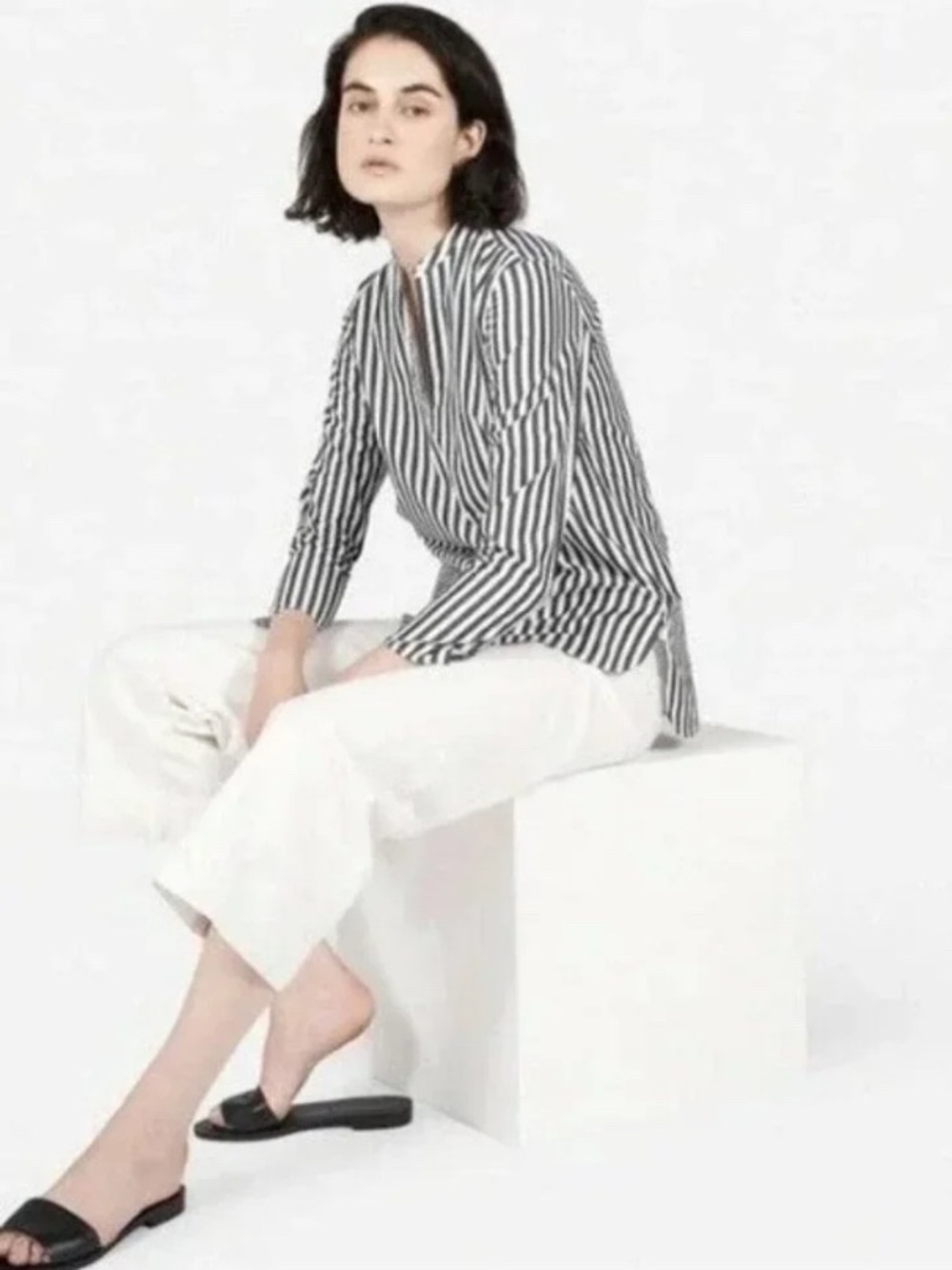 Everlane Cotton Poplin Split Neck Striped Shirt